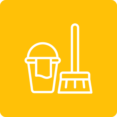 Bucket and mop icon on yellow background.