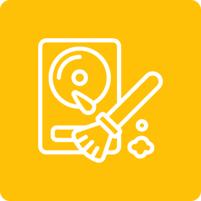 Hard drive cleaning icon on yellow background.