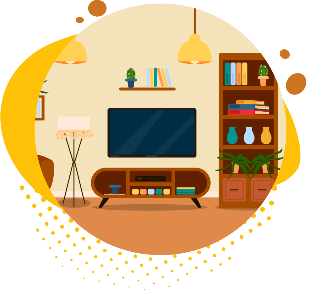 yellow-image-pattern (2) A living room with a television and bookcase