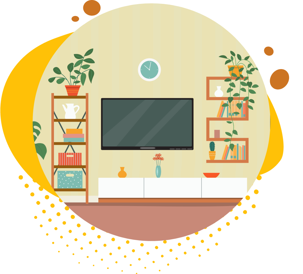 yellow-image-pattern A living room with a television and shelves